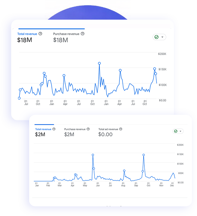 Google Analytics revenue charts showing organic-driven growth